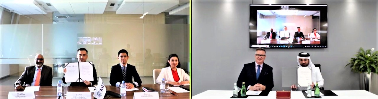 (L to R) Nurzhan Kosbayev, Deputy Chairman of the Management Board, AIFC Authority_ Nasser Al-Taweel, Deputy Chief Executive Officer & Chief Legal Officer, QFC, and their senior team members signing the MoU