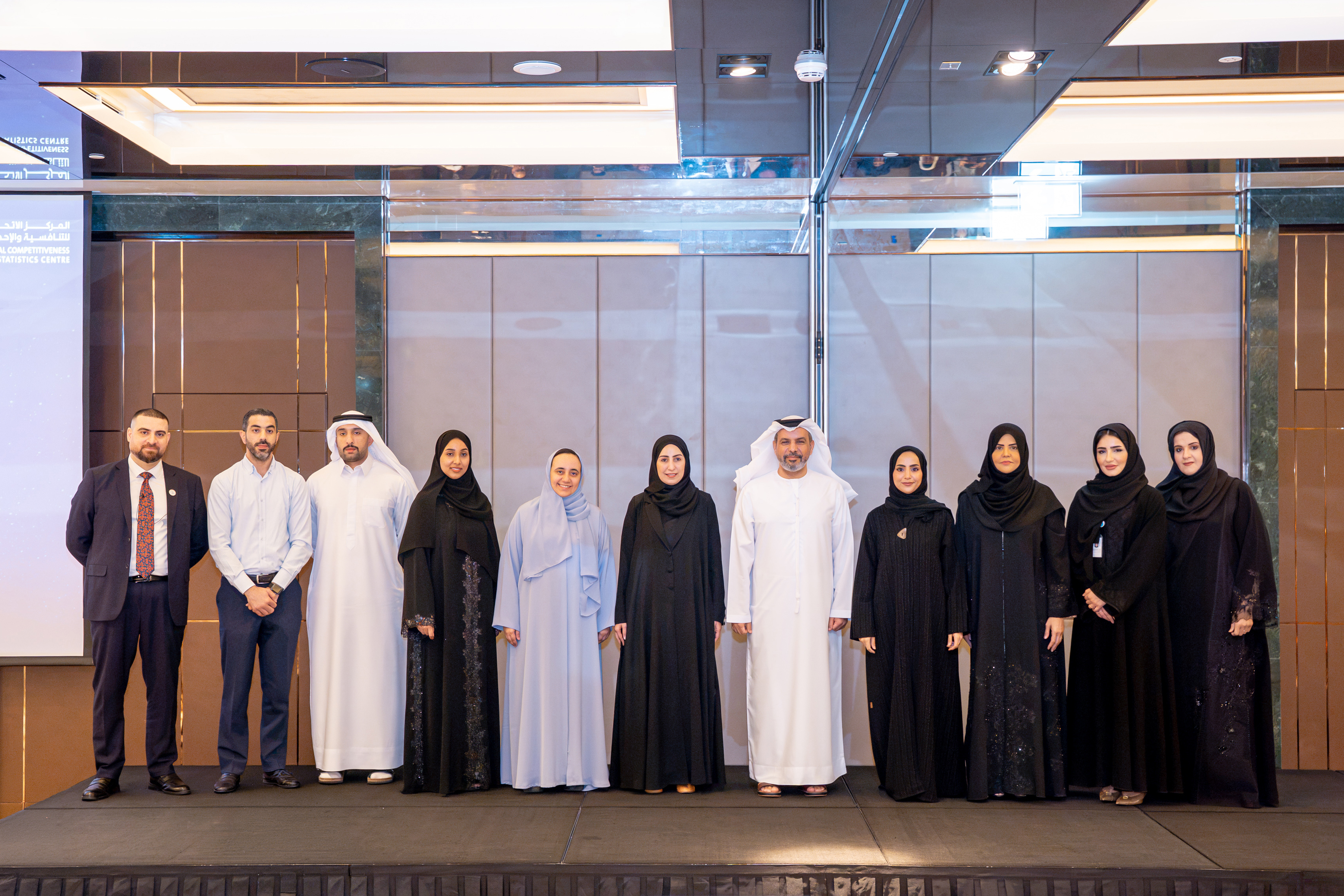 Representatives from the UAE Space Agency, Federal Competitiveness and Statistics Centre and participating entities at the Space Economic Survey Workshop in Dubai.